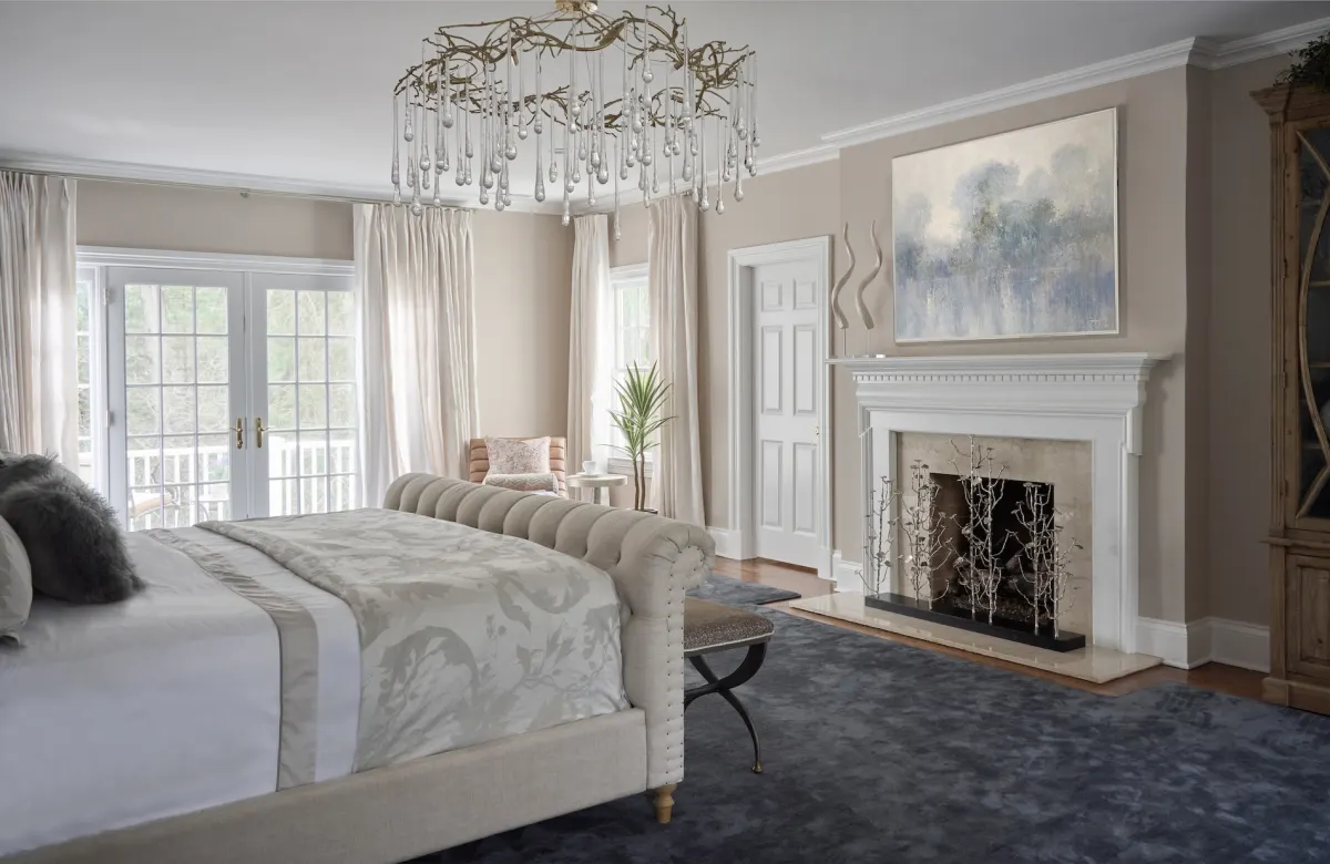 Primary bedroom interior design in New Canaan, Connecticut by Beth Krupa Interiors