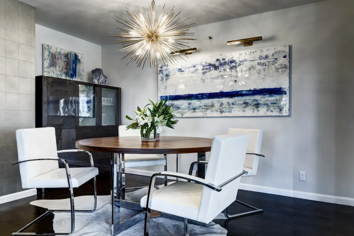 Dining table in a Stamford, Connecticut penthouse designed by Beth Krupa Interiors